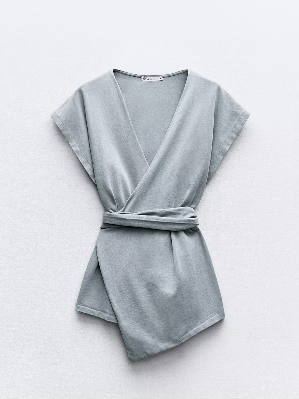 Zara Pale Gray Surplice Top with Waist Tie